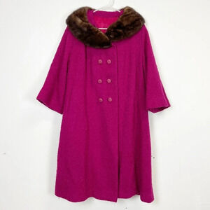 VTG Rencroft Coat Womens XL Pink with Brown Fur Collar Bracelet 3/4 Sleeve
